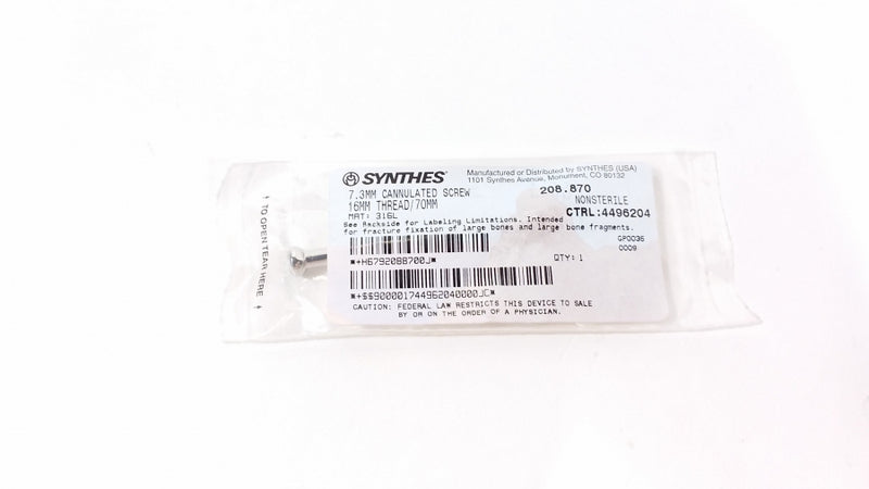 DePuy Synthes 7.3MM CANNULATED SCREW, 16MM THREAD, 70MM – 1 ea