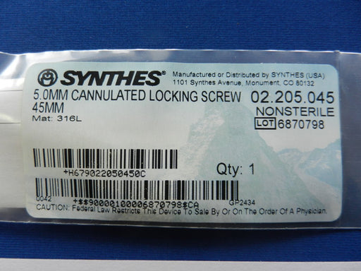 DePuy Synthes 5.0MM CANNULATED LOCKING SCREW, 45MM (PREVIOUSLY 222.539) – 1 ea